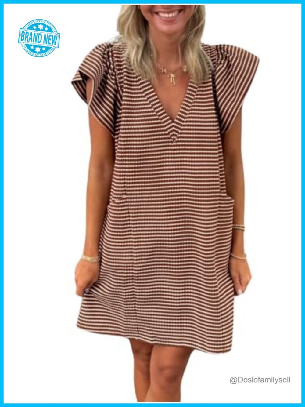 Striped V-Neck Mini Dress with Puff Sleeves and Pockets, Casual Summer Shift